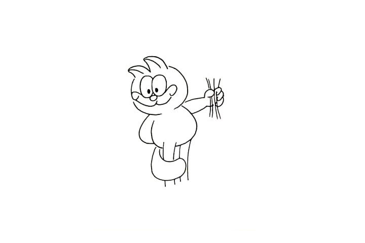 步骤13：向前伸着的手里抓着一束花， 先把花茎给画出来。