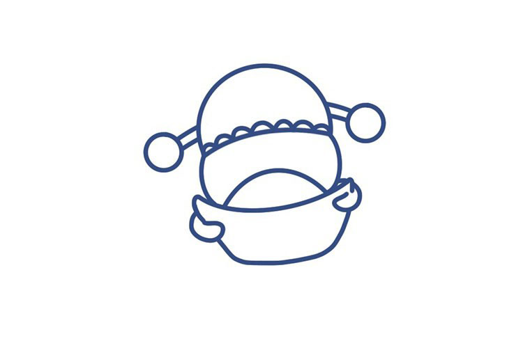 步骤3：画财神的脸部轮廓和帽翅。