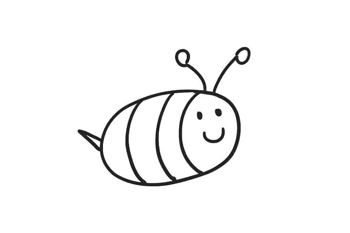 步骤5：在头顶画上两条线， 在线的顶端画上两个小圆圈， 小蜜蜂触角就画好了。