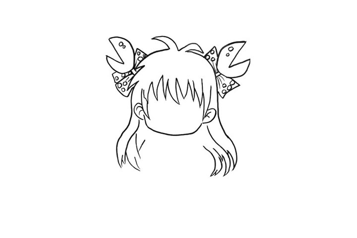 步骤4：然后画上头上左右两边的蝴蝶结和钳子，上面画上小圆点装饰。