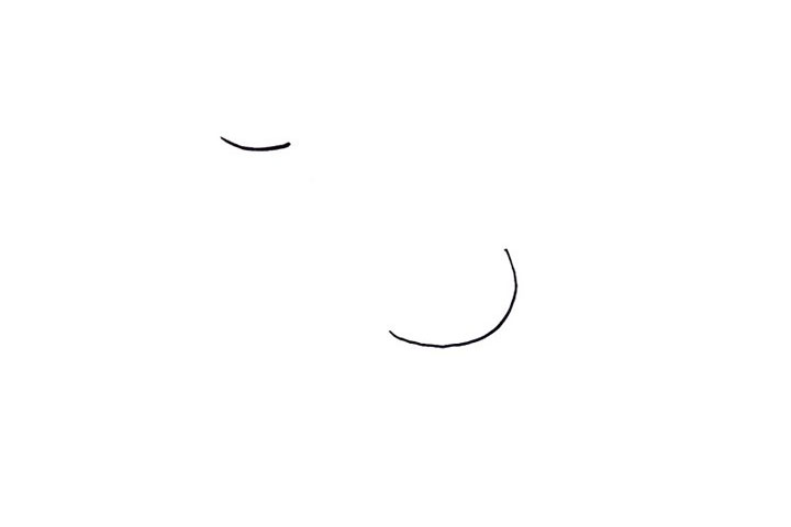 步骤1：最开始画出上下高低不一的两张脸蛋，注意上下的距离，上面的脸画一条略弯的弧线即可，左下方的脸稍微圆一点。