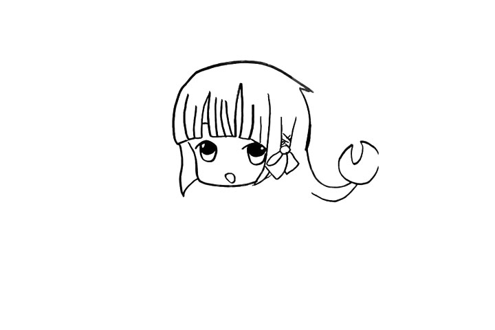 步骤3：画上右边一撮头发上面绑着蝴蝶结，还有翘起来的发尾部分，然后就是眼睛和嘴巴。