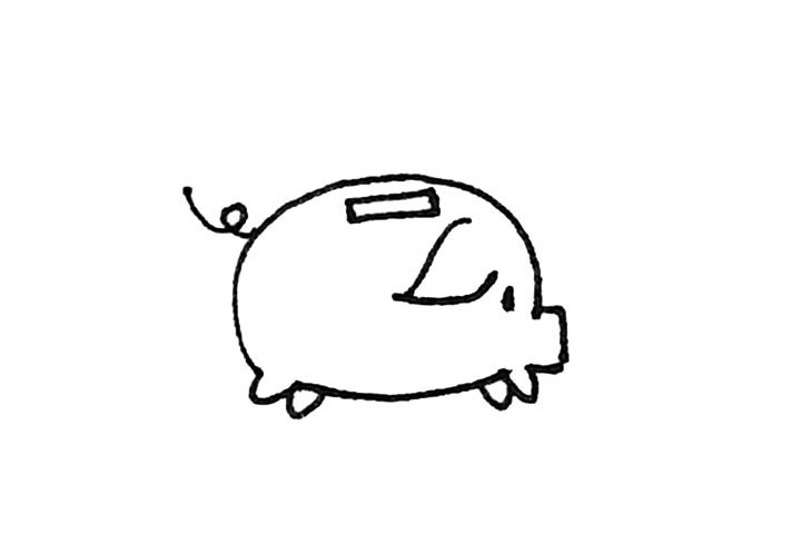 步骤5：上面再画上一个方形作为存钱的地方，尾巴用卷线画出。