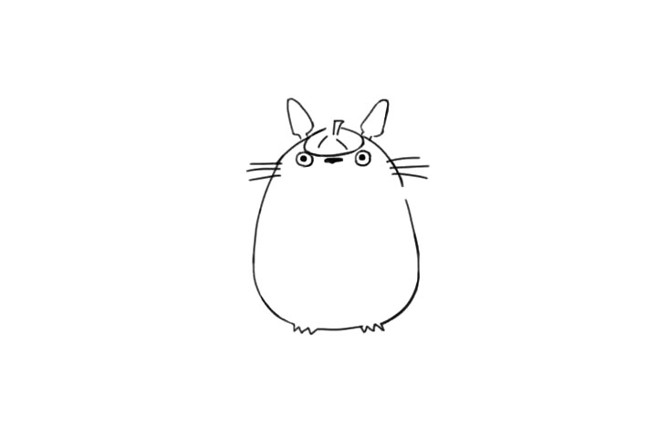 步骤3：接着画出龙猫的眼睛和鼻子，再画出它的胡须，两边胡须的数量和长度要一样。