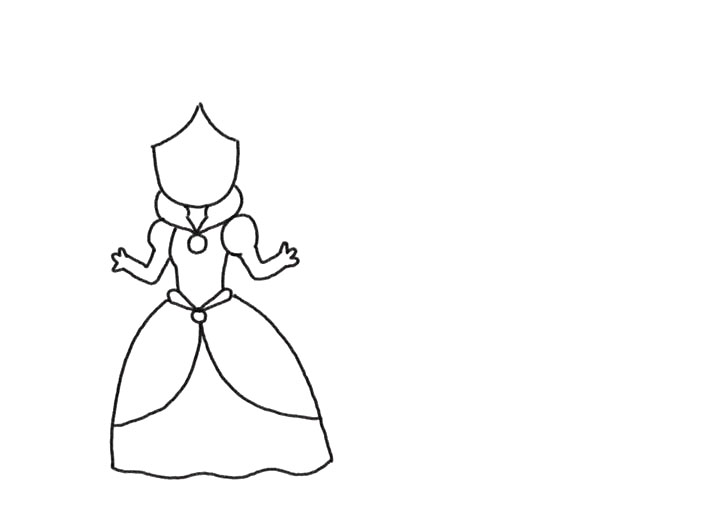 步骤2：画公主裙和她的两只胳膊。