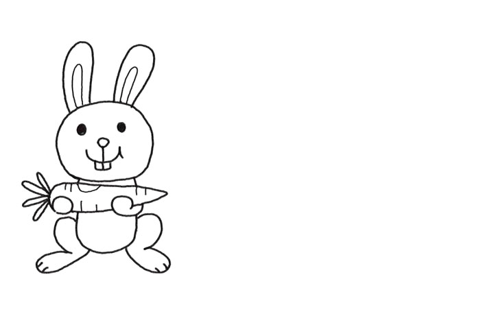 步骤2：画出兔子的耳朵、身体和脚。