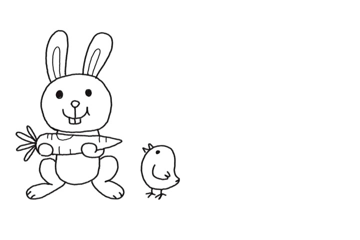 步骤3：在小兔子右边画上一只小鸡。