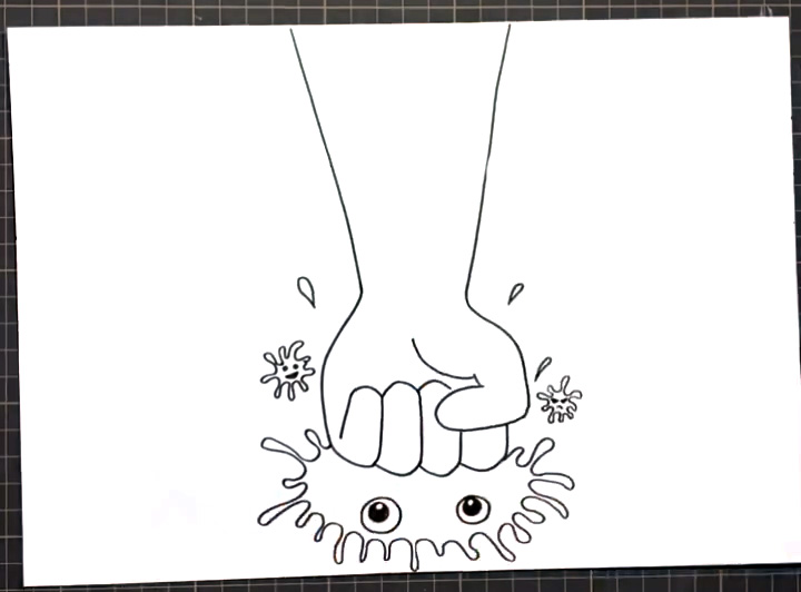 步骤2：在拳头底下画出一个被打扁的病毒。