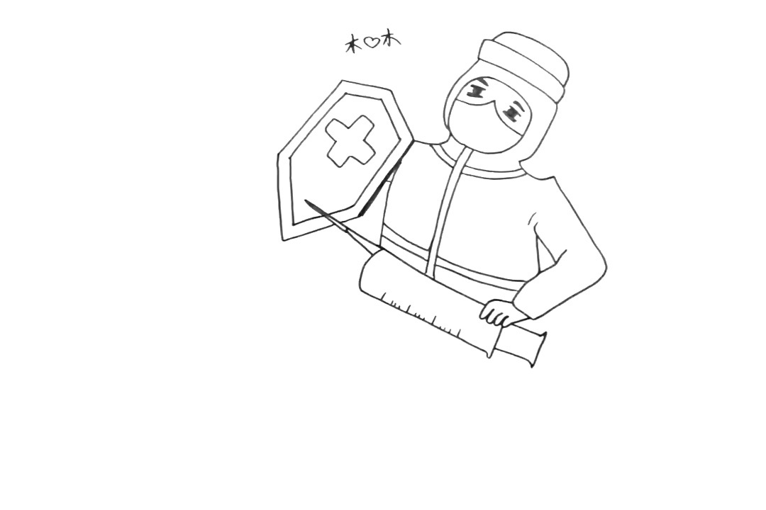 步骤1：先画出一个拿着盾牌和注射器的医护人员。