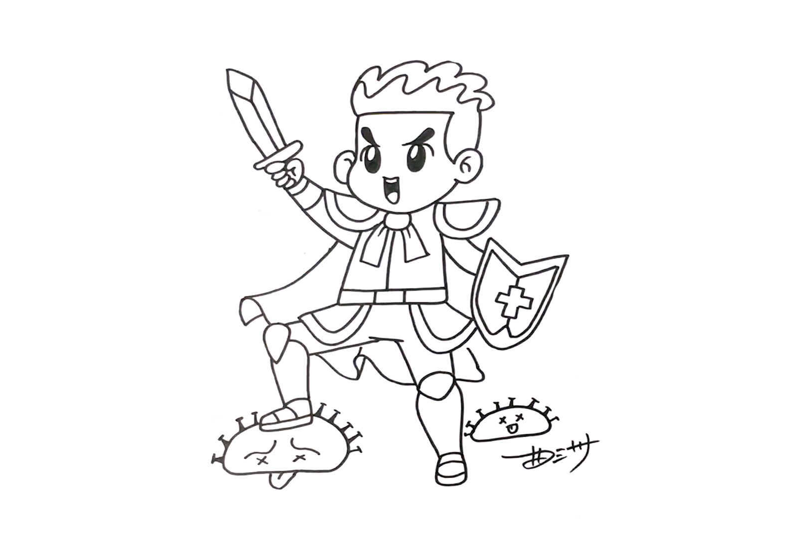 步骤6：在他的脚下画出两只被打败的病毒。