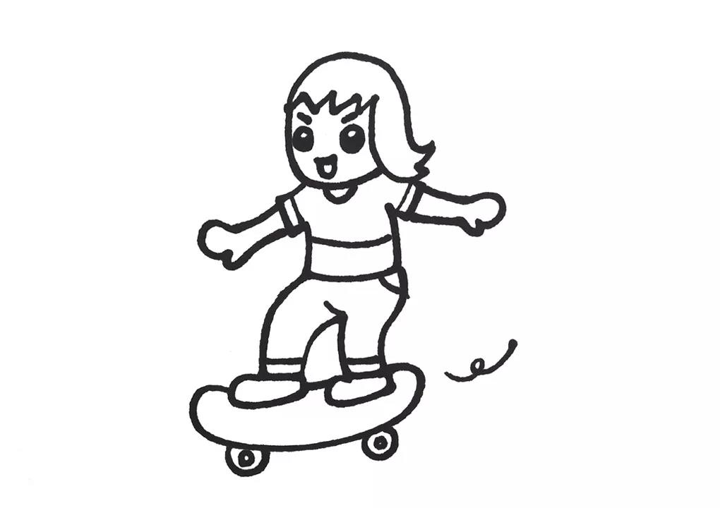 春天里玩滑板的小女孩简笔画-图5