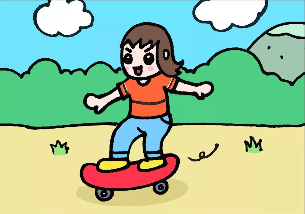 春天里玩滑板的小女孩简笔画