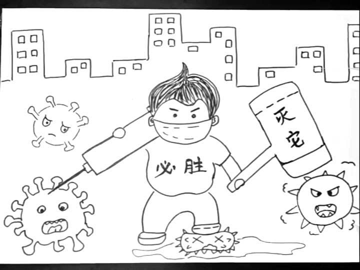 步骤3：在他的背后画出一些城市楼房作为背景。