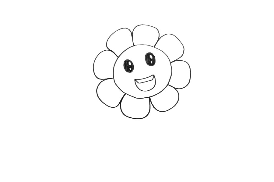 步骤1：首先画出一朵向日葵，然后为它画上可爱的笑脸。