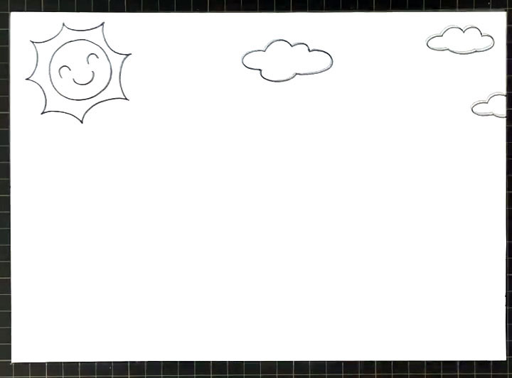 步骤1：在上方画上微笑的太阳和几朵白云。