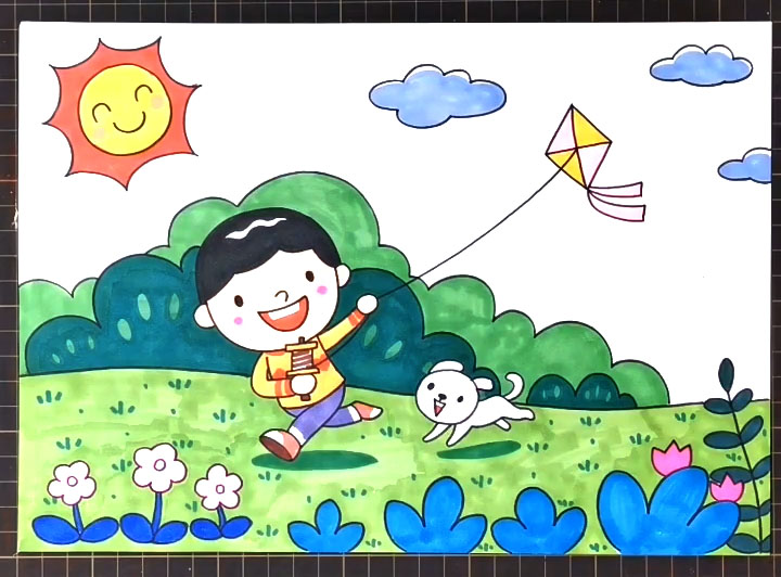 春天放风筝的小男孩简笔画