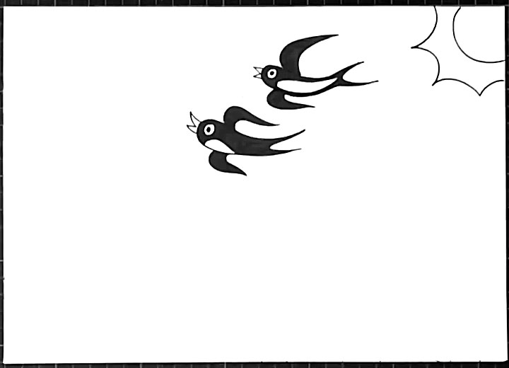 步骤1：首先画出两只飞着的小燕子。