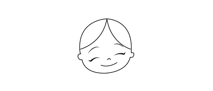 步骤3：小红帽甜甜一笑，觉得事情不简单。 把她的眉毛、眼睛、鼻子、嘴巴画出来哦，都是弯弯的，非常好画。