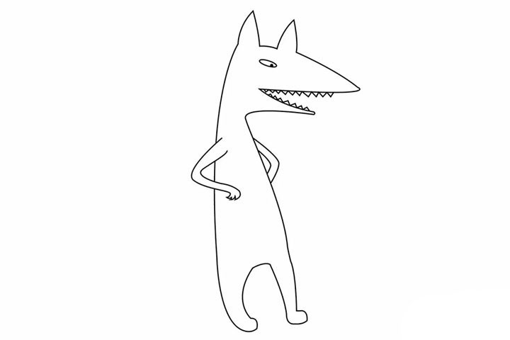 步骤5：嗯嗯，瞧它，还叉腰，非常强势哦。 小朋友们画大灰狼的两只手，上粗下细。