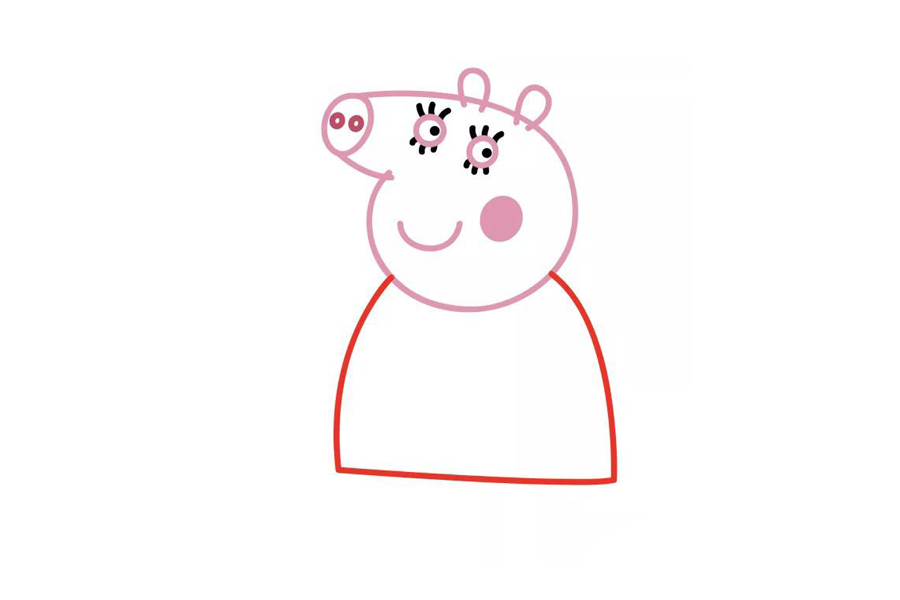 步骤6：画猪妈妈的身子，猪妈妈穿的是裙子。