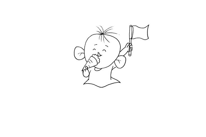 步骤7：他的一只手拿着冰淇淋.另一只拿着一面小旗子。