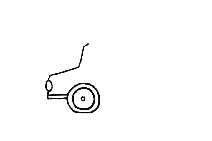 步骤3：然后把它的前轮勾勒出来.车轮用几个圆圈代替。