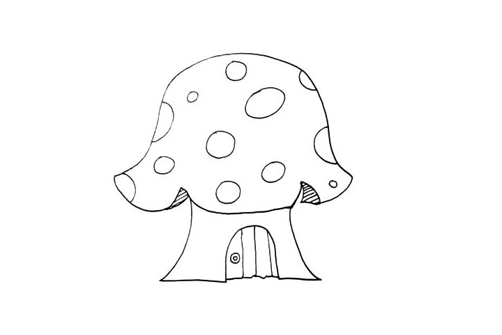 步骤7：然后画出蘑菇房的木门.门的上面还有一把锁。