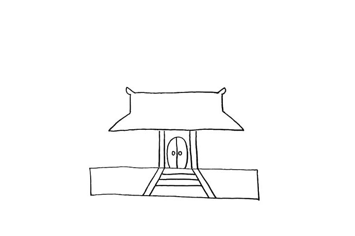 步骤4：在柱子的上方画出寺庙的屋顶.注意屋顶形状。