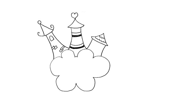 步骤10：在城堡顶上用波浪线画一下它的瓦片。