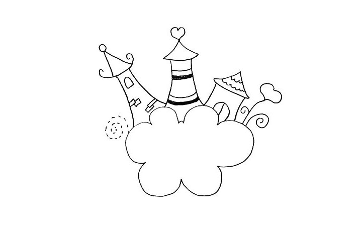 步骤13：给小花画上卷曲的树叶以及用虚线画的装饰物。