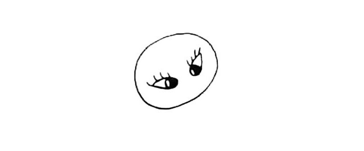 步骤2：画上它水滴形的眼睛.将眼珠涂成黑色.还有长长的睫毛。