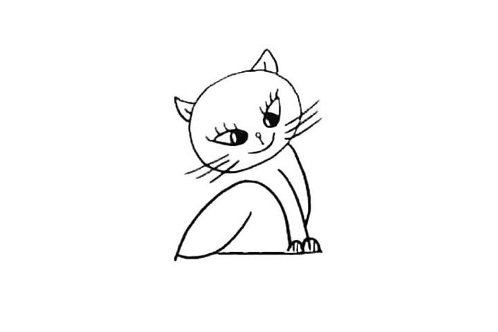 步骤5：接着画上小花猫的前爪.还有后腿的轮廓线。