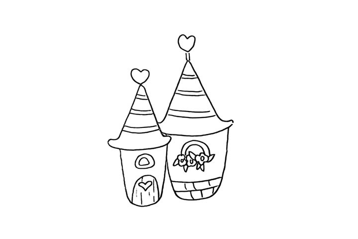 步骤7：同样用弧线和爱心把房顶装饰一下。