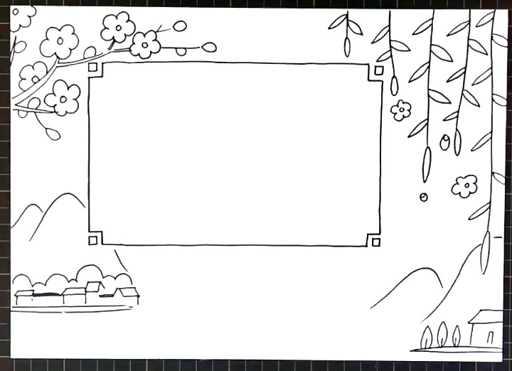 步骤3：文字框下方画出村庄和山脉。