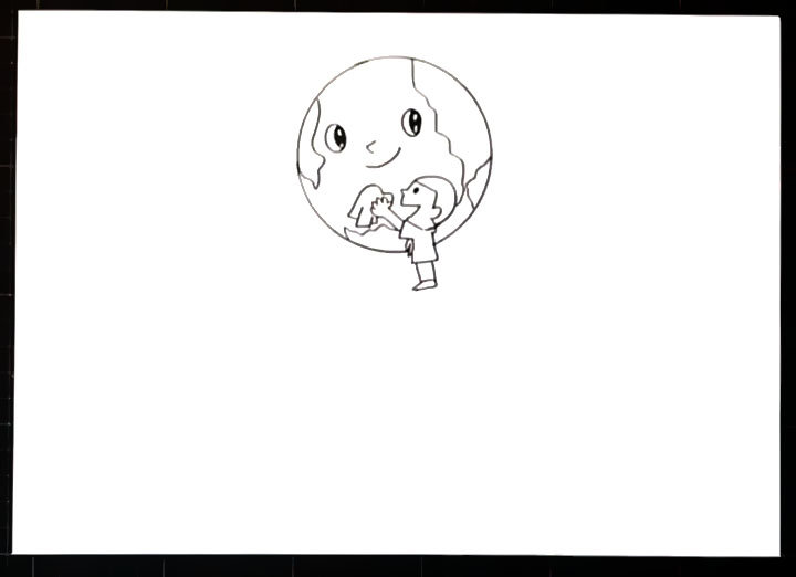步骤1：首先画出一个在给地球擦身体的小男孩