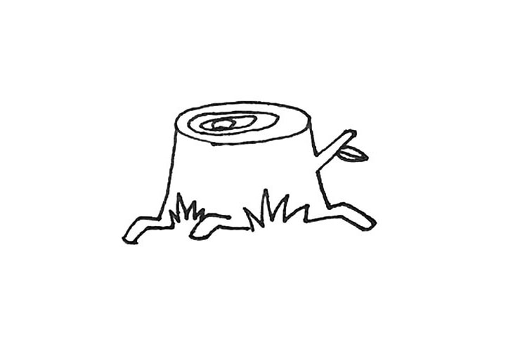 步骤5：可以再画上一片叶子。以及在树桩上画上一圈一圈的年轮。