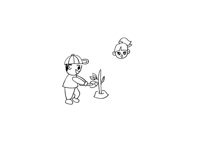 步骤7：右侧画出一个小女孩.先画出头部。