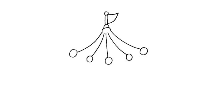 步骤2：用弧线围绕旗子画出顶棚.以及顶端的装饰球。