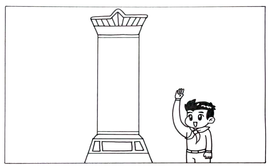 步骤2：在画面的右边画出一个正在敬礼的少先队员，这里你也可以画出多个人物。