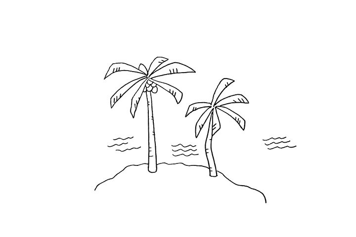 步骤7：接着用波浪线在空白处画出水波纹。