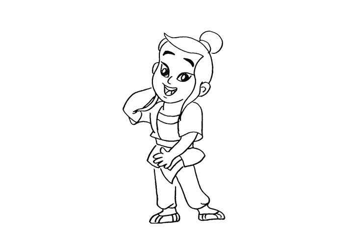 步骤9：向下画出他的裤子和鞋子.注意鞋子上的纹理。