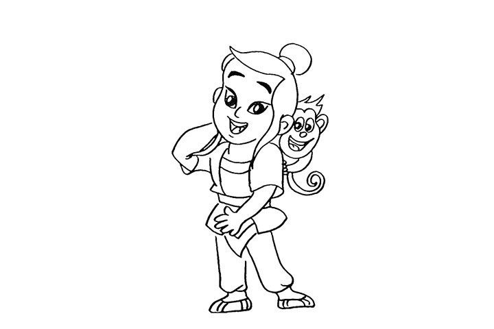 步骤10：然后在肩膀上画一只顽皮的小猴子。