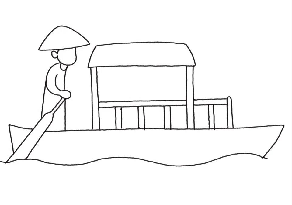 步骤3：画出船篷和水波浪。