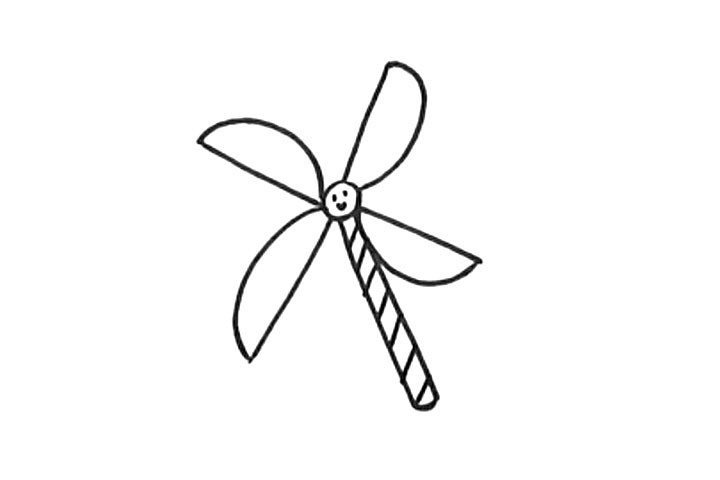 步骤4：给风车画出可爱的表情和手柄上的花纹。