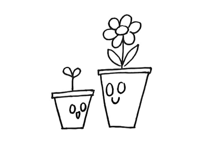步骤4：给两个花盆画上可爱的表情。