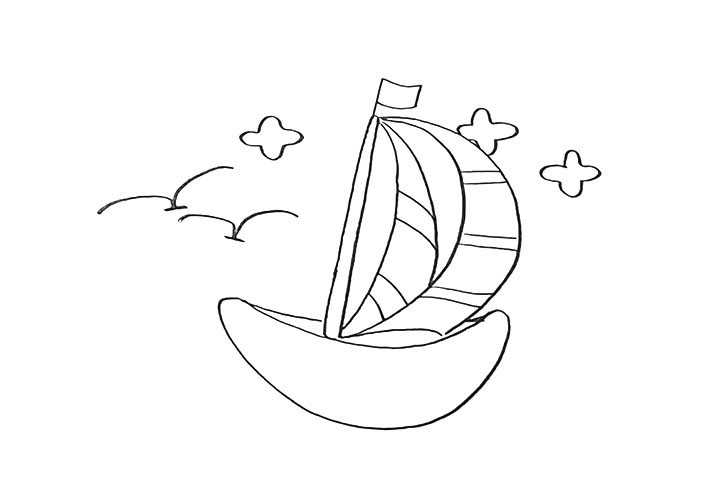 步骤6：接着在空白处画上漂亮的云朵和大雁。