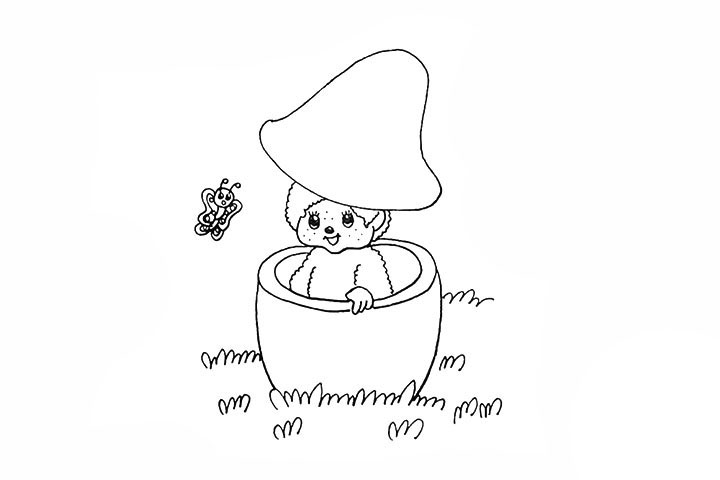 步骤13：然后在她的旁边画一只飞舞的舞蝶。