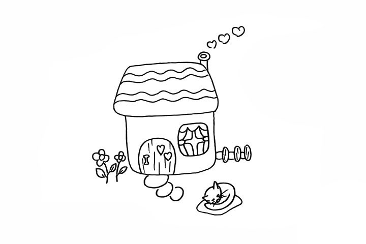 步骤10：然后在门前画出一只熟睡的猫咪。