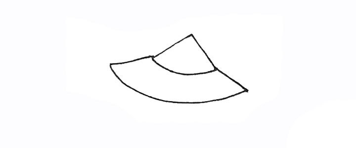 步骤2：旁边画出去两条斜线，也用弧线连接起来。