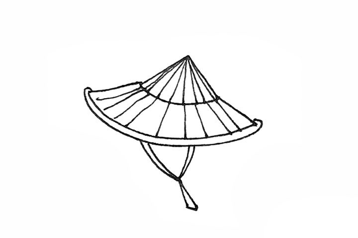 步骤5：接着在斗笠里面，先画上一些竖的放射线。